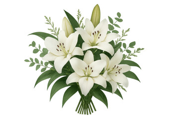 White lily bouquet with green foliage on transparent background