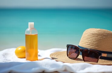 Bottle of sun oil sunglasses and straw hat lie on white beach towel by blue ocean water. Fresh lemon sits near cosmetic. Summer vacation essentials.
