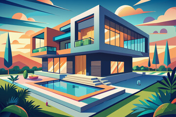 Modern cube house with stylish geometric architecture with luxurious swimming pool, contemporary minimalist design, and stylish residential property that showcases modern lifestyle aesthetics.