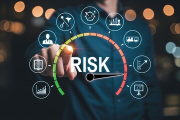 Man pointing to risk meter with icons representing business concepts