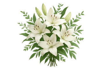 White lily bouquet with green foliage transparent background