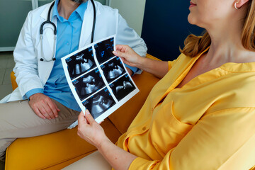 Adult woman sitting with adult male doctor holding ultrasound scan images, discussing medical results together in clinical consultation setting