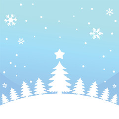Fototapeta premium Serene winter wonderland illustration with white snow-covered trees, a bright star, and falling snowflakes against a gradient blue sky, ideal for festive holiday designs