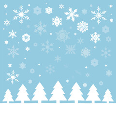 Serene light blue winter scene with delicate white snowflakes gently falling over a peaceful snow-covered landscape adorned with an array of stylized evergreen trees