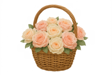 Wicker basket holding peach and cream roses transparent background