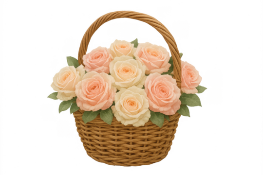 Wicker basket holding peach and cream roses transparent background