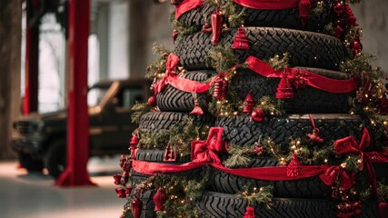 Festive tire christmas tree: creative holiday decor with red ribbons and greenery in garage setting