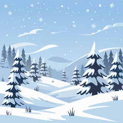 Fototapeta premium A stylized vector illustration of a winter landscape with snowy blue hills, pine trees, and gentle falling snow
