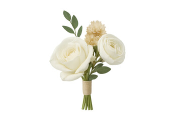 White wedding boutonniere featuring roses and ranunculus with transparent background