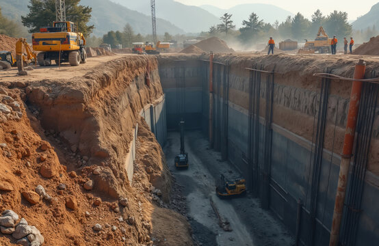 Workers use heavy machinery and metal supports during deep trench excavation. Construction site with digging activity and deep holes for underground utility installation and building.
