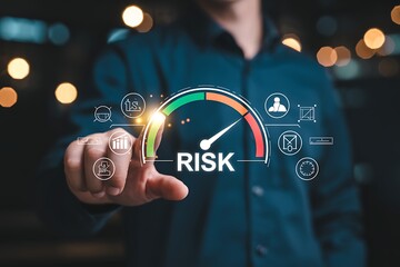 Man points to a risk meter with icons representing business concepts
