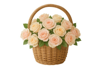 Wicker basket holding peach and yellow roses