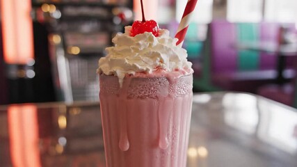 Retro milkshake glass with a striped straw placed on a chrome table in an American roadside diner, featuring soft pastel colors and sweet vintage 1950s dessert nostalgia.