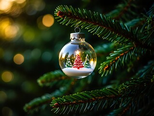 Decorated christmas tree branch with sparkling ornaments