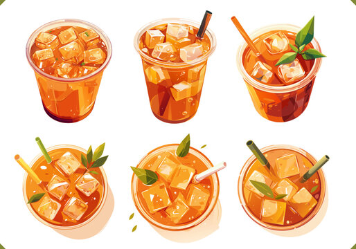 Set of iced Thai tea with ice cubes in plastic cup. Vector illustration of summer beverage on white background