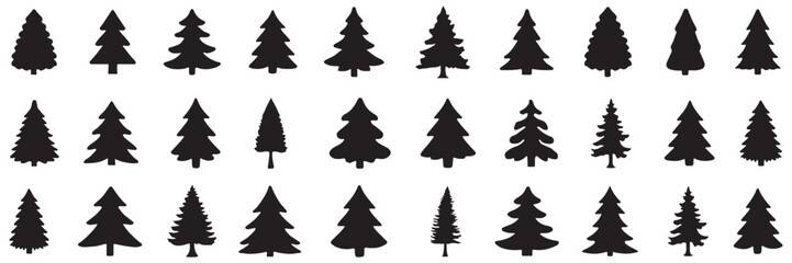 Christmas tree silhouette clipart set. Black Christmas tree drawing clip art collection in white background. EPS 10