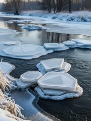River's Embrace Winter Ice Forms Hexagon Shapes