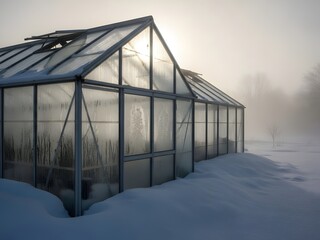 Winter Greenhouse Snow Covered Cabin Exterior with Warm Lights Glowing Windows