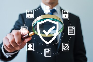 Businessman holding magnifying glass over digital security shield