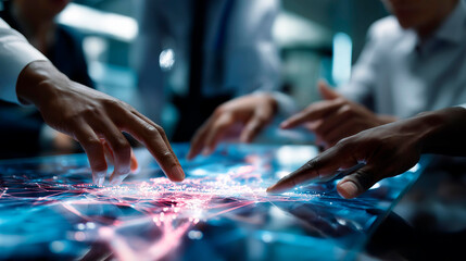 Engineers scientists developers gathered around illuminated conference surface faceless professionals defocused technology research center background finding solution analyzing