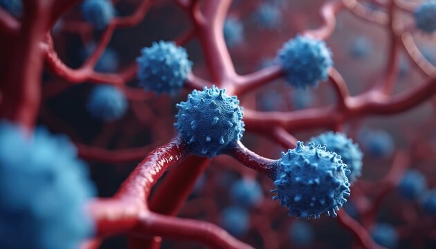 Microscopic view of immune cells attacking blood vessels. Blue cells interact with red blood vessels. Medical illustration shows concept of disease response and body defense.
