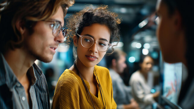 Young creative business individuals meeting at office faceless professionals defocused workplace background innovative collaboration scene entrepreneurial gathering moment - Powered by Adobe