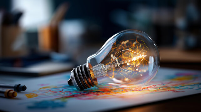 Creative idea concept with illuminated device and colorful sketches defocused dark background symbolizing innovation inspiration creative thinking visualization inventive