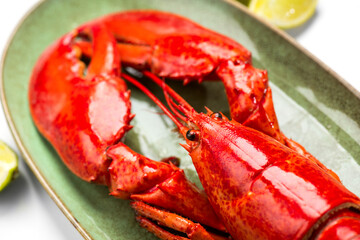 Lobster on a plate seafood, gourmet food close up, top view, flat lay, from above. American lobster menu