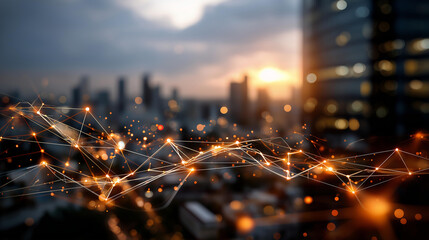 Smart metropolis and abstract point connect with gradient line design defocused urban background big data connection technology concept innovative infrastructure visualization