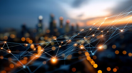 Smart metropolis and abstract point connect with gradient line design defocused urban background big data connection technology concept innovative infrastructure visualization