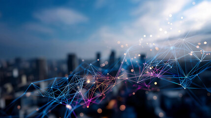 Smart metropolis and abstract point connect with gradient line design defocused urban background big data connection technology concept innovative infrastructure visualization