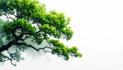 Obraz premium Green tree branch with fresh leaves on white background, minimal natural design for eco, wellness, nature and botanical concepts.