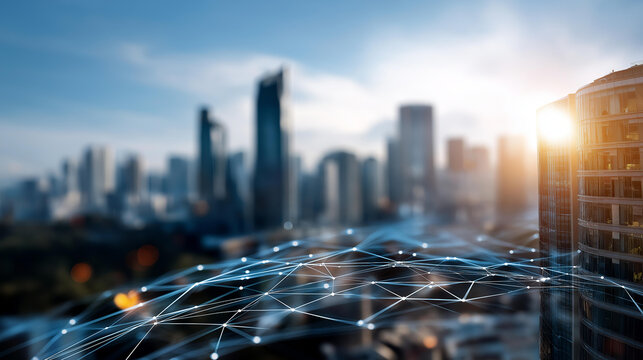 Smart metropolis and abstract point connect with gradient line design defocused urban background big data connection technology concept innovative infrastructure visualization - Powered by Adobe