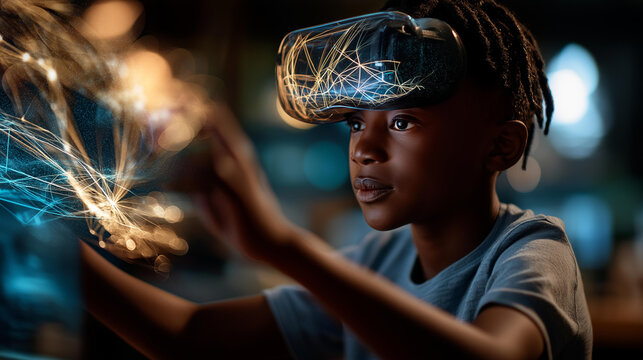 Youngster with toy virtual reality headset faceless child defocused background futuristic technology play augmented experience scene digital innovation visualization with