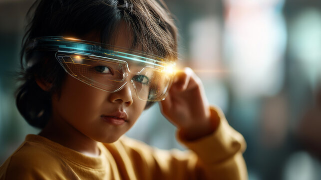 Youngster with toy virtual reality headset faceless child defocused background futuristic technology play augmented experience scene digital innovation visualization with