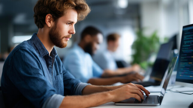 Programmers working on software in office faceless professionals defocused workplace background coding innovation scene development collaboration moment technological