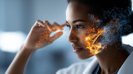 Professional examining innovative interface display faceless individual defocused technological background advancement interaction scene digital exploration moment futuristic