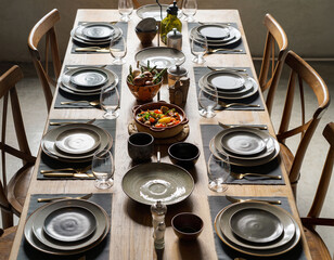 Rustic wooden dining table with modern dinnerware set for meal