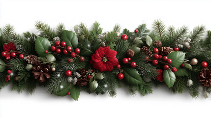 Christmas garland with dark green pine branches, bright red berries, large green holly leaves, pine cones, red poinsettia flower.