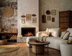 Cozy living room with fireplace and neutral boho decor