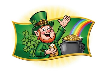 Comical cartoon of a jolly leprechaun on verdant banner for holiday cheer with pot of gold and clovers