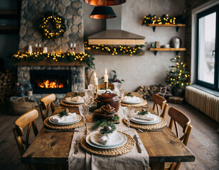Cozy rustic dining room with decorated Christmas table
