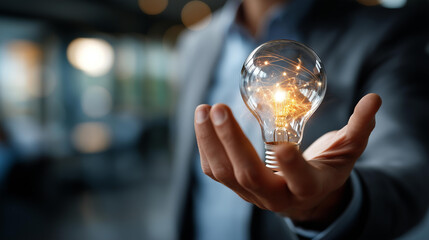 Innovation concept presented by consultant in management faceless professional defocused presentation background strategic thinking scene business advancement moment creative