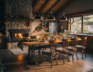 Cozy rustic dining room with decorated Christmas table