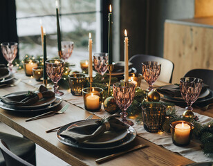 Elegant Christmas dinner table flat lay with festive feast