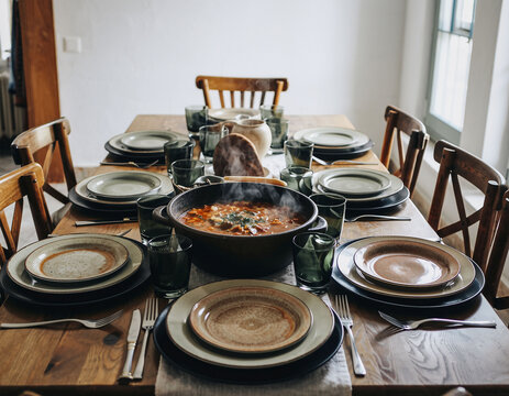 Mesa r&uacute;stica servida con guiso casero humeante para comida en familia