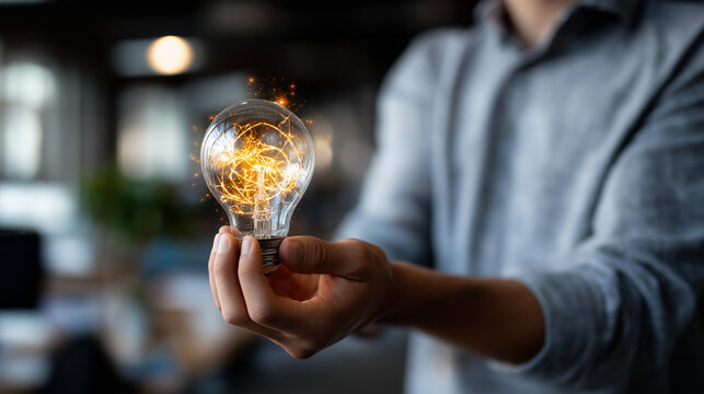 Idea innovation inspiration concept with hand holding illuminated device faceless man defocused background creativity with illumination glitter sustainable business