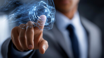 Professional presenting futuristic business world virtual graphic faceless businessman defocused background innovation digital processing technology 21st century advancement