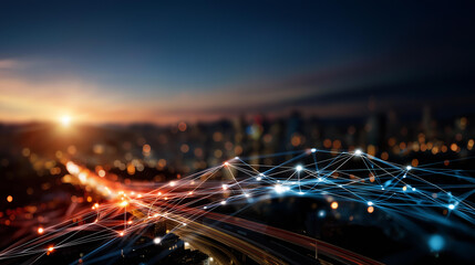 Smart metropolis and abstract point connect with gradient line defocused urban background technological infrastructure visualization innovative connectivity scene digital