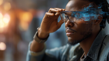 Portrait of young individual using futuristic latest innovation technology faceless man defocused augmented reality background hologram visualization scene technological
